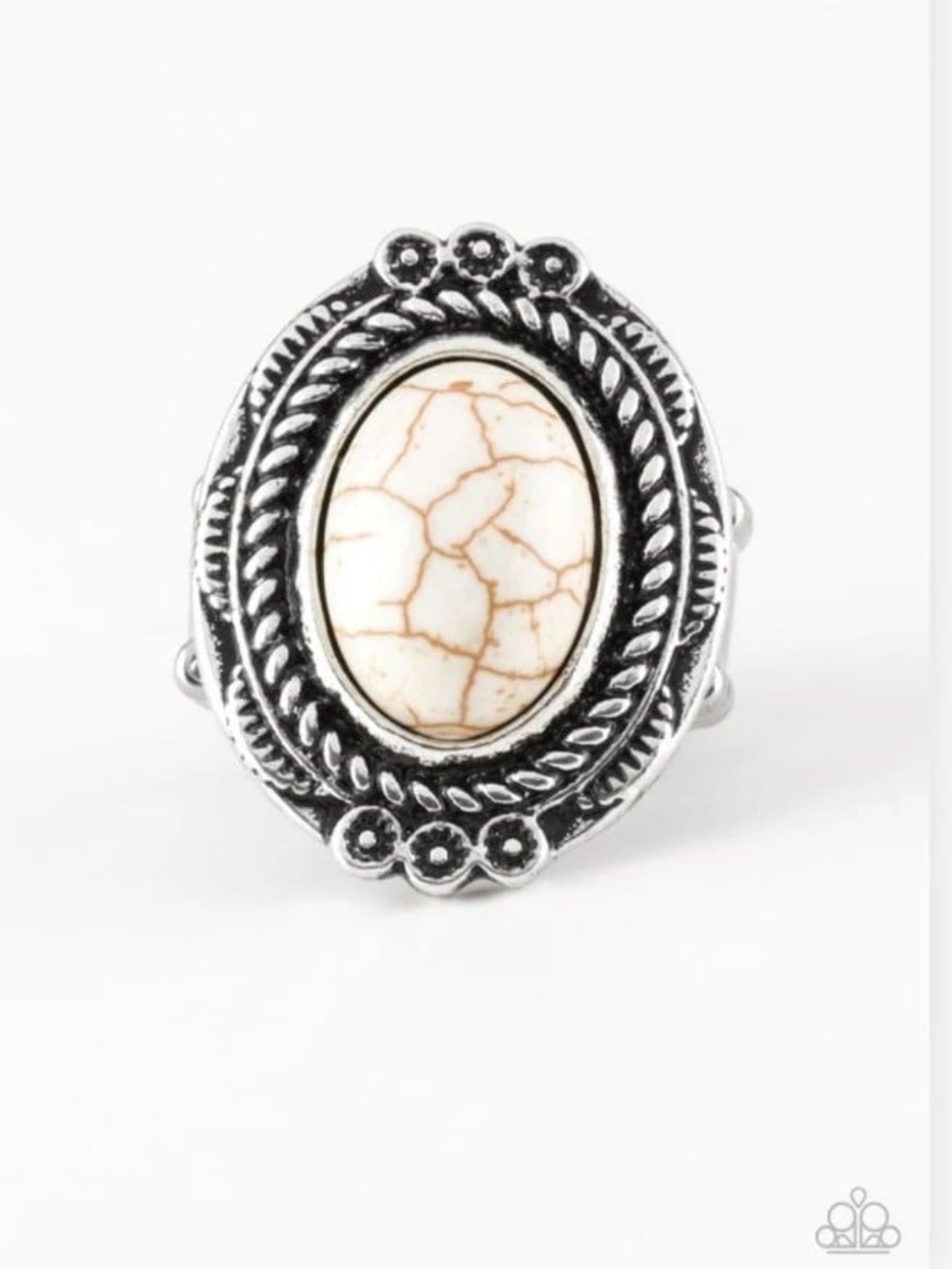Paparazzi Cream Marbled Stone Ornate Silver-Frame Ring Tumblin Tumbleweed White